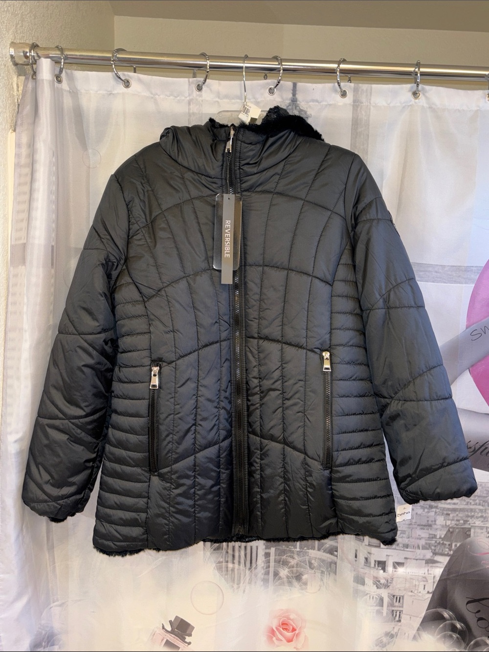 NWT bebe Black Reversible Hooded Puffer Jacket